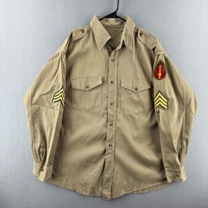 Vintage 50s Military‎ Khaki Cotton Shirt Mens Large Button Up Patches Uniform
